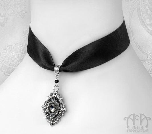 Nocturne Grey & Black Crystal Pendant Satin Choker Necklace