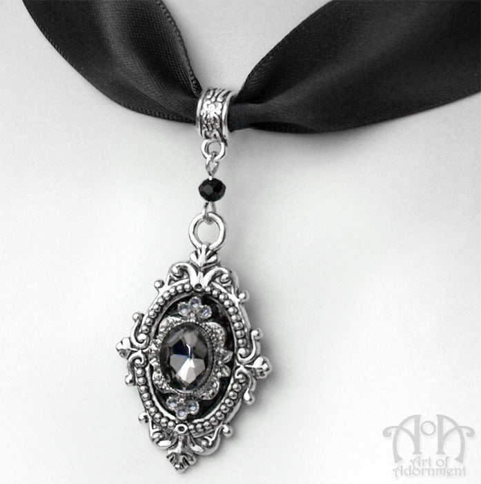 Nocturne Grey & Black Crystal Pendant Satin Choker Necklace