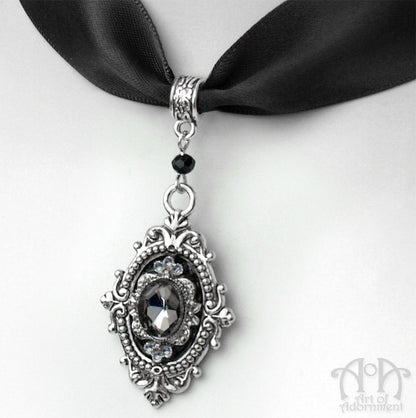 Nocturne Grey & Black Crystal Pendant Satin Choker Necklace