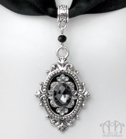 Nocturne Grey & Black Crystal Pendant Satin Choker Necklace
