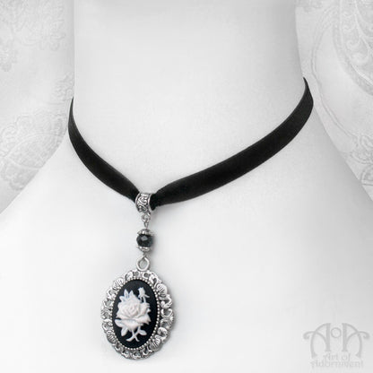 White Rose Cameo Black Velvet Pendant Choker Necklace
