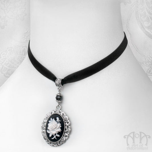 White Rose Cameo Black Velvet Pendant Choker Necklace