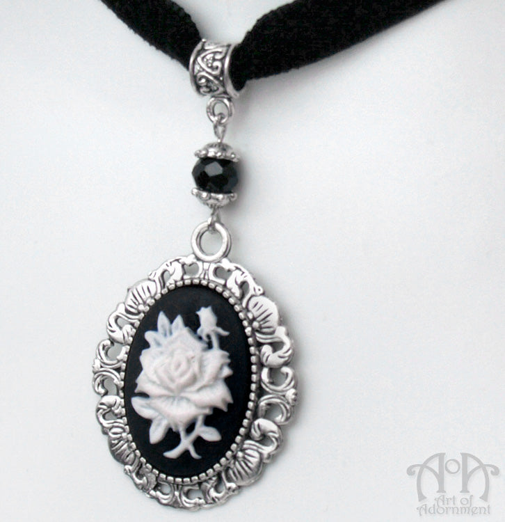 White Rose Cameo Black Velvet Pendant Choker Necklace