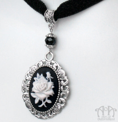 White Rose Cameo Black Velvet Pendant Choker Necklace