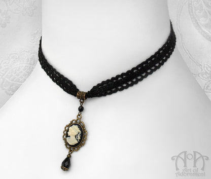 Patina Black & Ivory Lace Cameo Pendant Choker Necklace