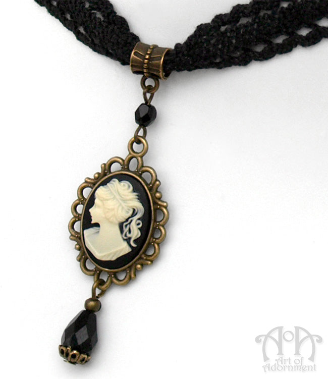 Patina Black & Ivory Lace Cameo Pendant Choker Necklace