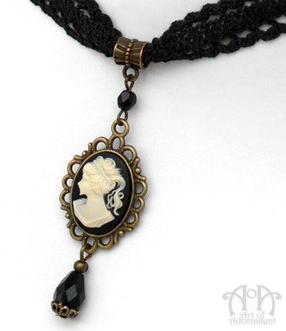 Patina Black & Ivory Lace Cameo Pendant Choker Necklace