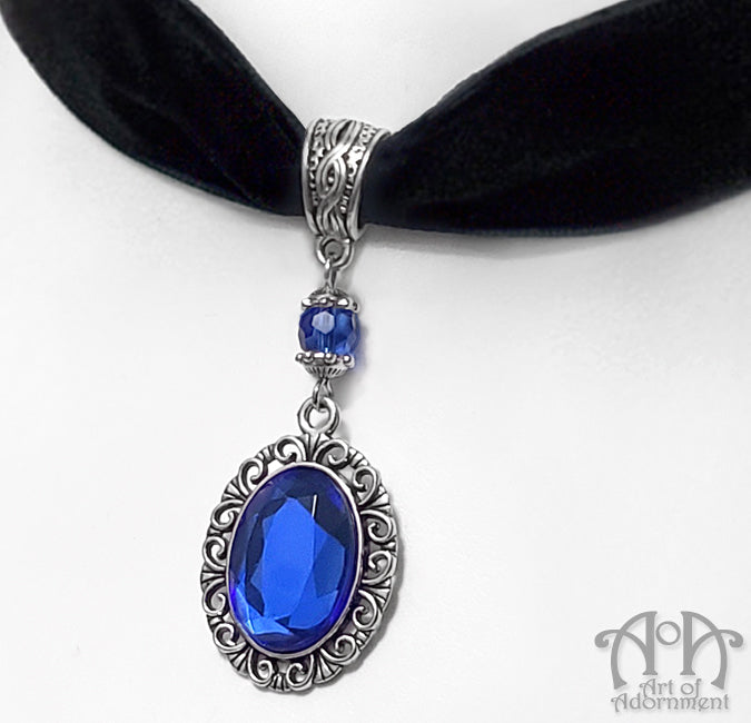 Celestia Blue Crystal Black Velvet Pendant Choker Necklace
