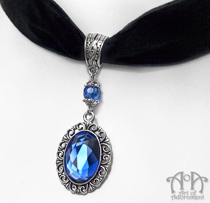 Celestia Blue Crystal Black Velvet Pendant Choker Necklace