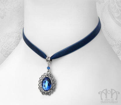 Celestia Blue Crystal Pendant Velvet Choker Necklace