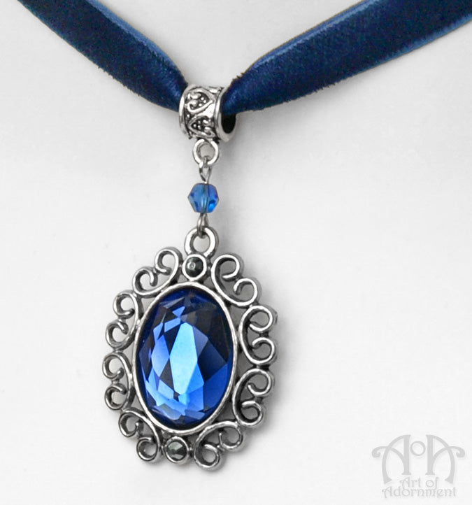 Celestia Blue Crystal Pendant Velvet Choker Necklace