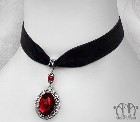 Sanguinari Red Crystal Black Velvet Pendant Choker Necklace