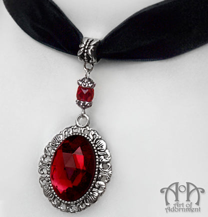 Sanguinari Red Crystal Black Velvet Pendant Choker Necklace