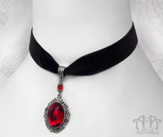 Sanguinari Red Crystal Black Velvet Pendant Choker Necklace