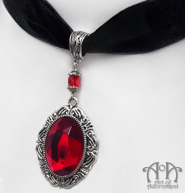 Sanguinari Red Crystal Black Velvet Pendant Choker Necklace