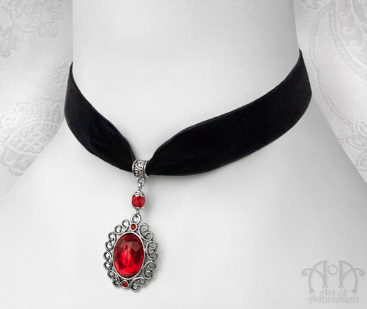 Sanguinari Red Crystal Black Velvet Pendant Choker Necklace