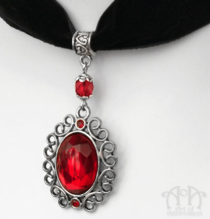 Sanguinari Red Crystal Black Velvet Pendant Choker Necklace