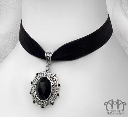 Nocturne Black Crystal Velvet Pendant Choker Necklace