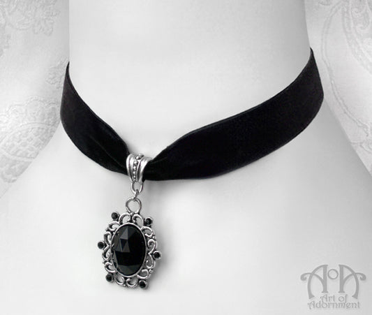 Nocturne Black Crystal Velvet Pendant Choker Necklace