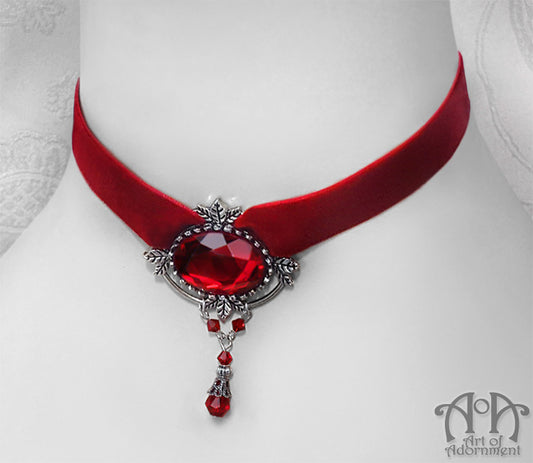 Sanguinari Red Crystal Beaded Velvet Choker Necklace