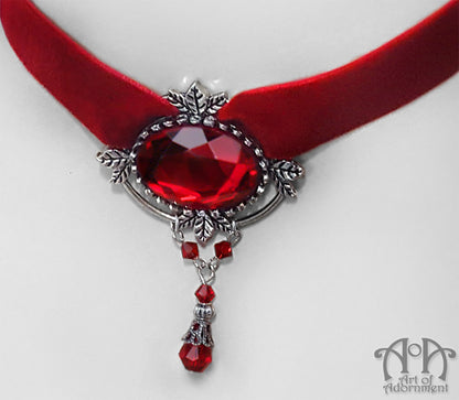 Sanguinari Red Crystal Beaded Velvet Choker Necklace