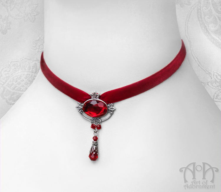 Sanguinari Red Crystal Beaded Velvet Choker Necklace