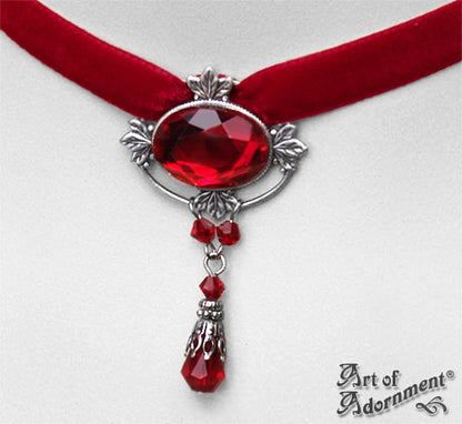 Sanguinari Red Crystal Beaded Velvet Choker Necklace