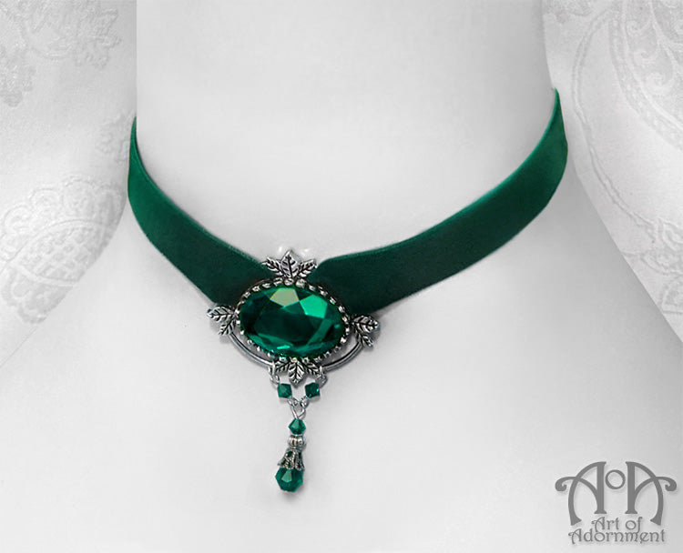 Sylvannia Green Crystal Beaded Velvet Choker Necklace