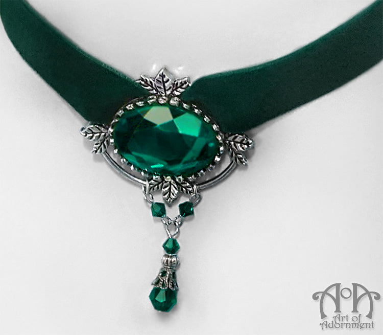 Sylvannia Green Crystal Beaded Velvet Choker Necklace