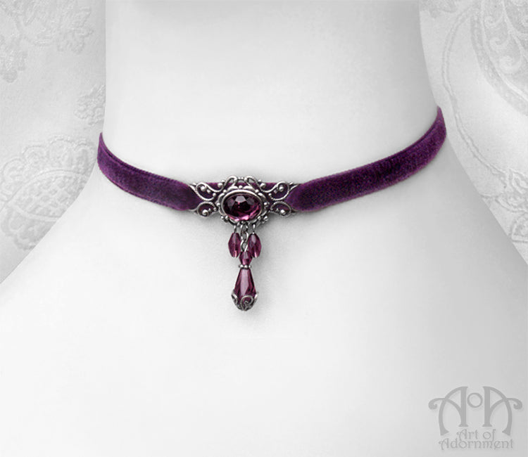 Vervaina Beaded Filigree Purple Velvet Choker Necklace