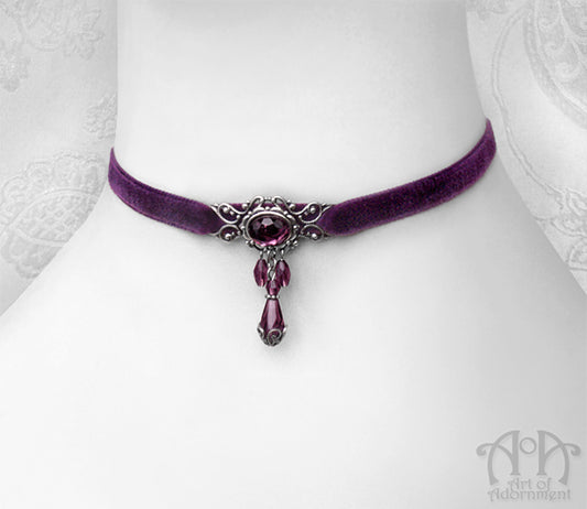 Vervaina Beaded Filigree Purple Velvet Choker Necklace