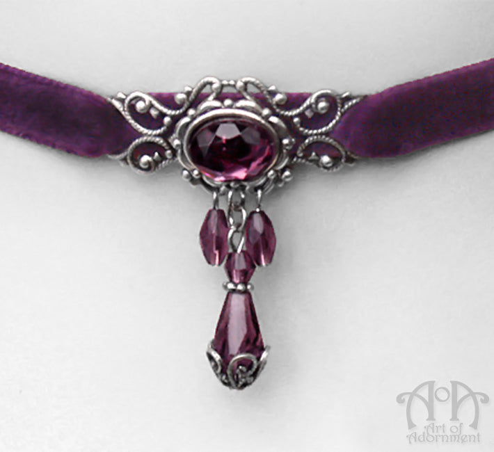 Vervaina Beaded Filigree Purple Velvet Choker Necklace