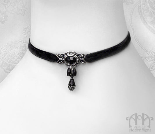 Nocturne Black Crystal Beaded Velvet Choker Necklace