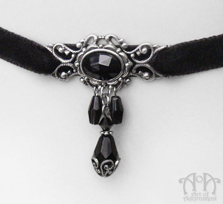 Nocturne Beaded Filigree Black Velvet Choker Necklace