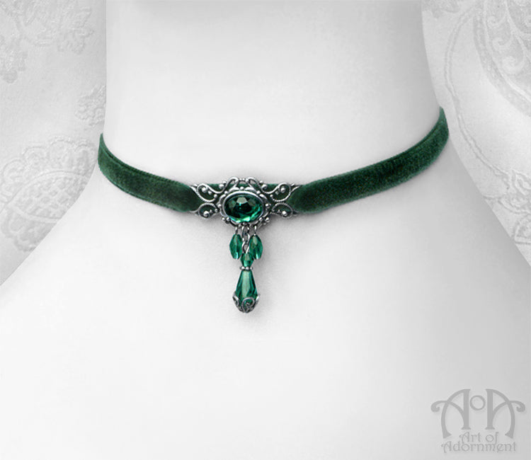 Sylvannia Beaded Filigree Green Velvet Choker Necklace