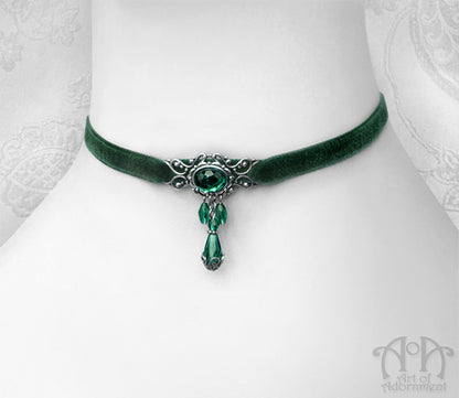 Sylvannia Beaded Filigree Green Velvet Choker Necklace