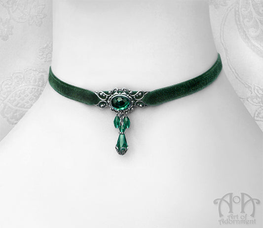 Sylvannia Beaded Filigree Green Velvet Choker Necklace
