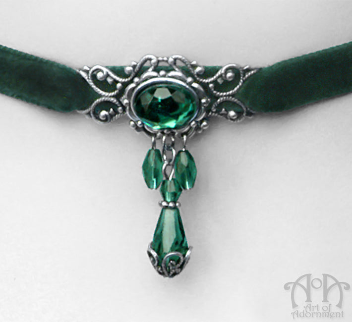 Sylvannia Beaded Filigree Green Velvet Choker Necklace