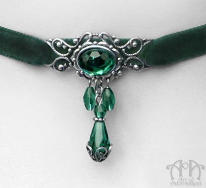 Sylvannia Beaded Filigree Green Velvet Choker Necklace