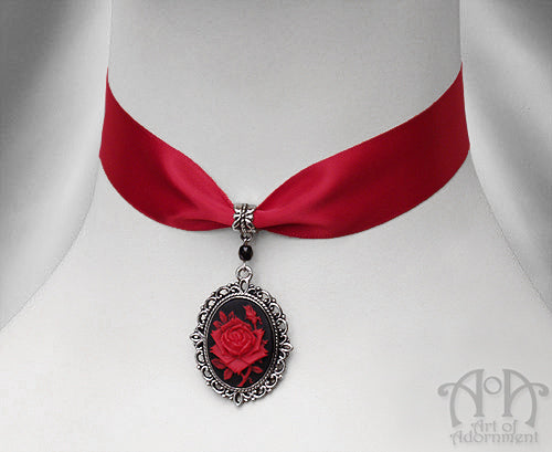 Sanguinari Gothic Rose Cameo Red Satin Pendant Choker Necklace