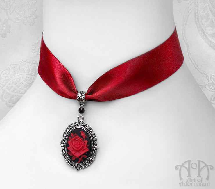 Sanguinari Gothic Rose Cameo Red Satin Pendant Choker Necklace