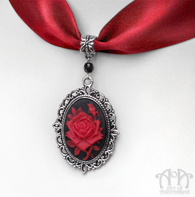 Sanguinari Gothic Rose Cameo Red Satin Pendant Choker Necklace