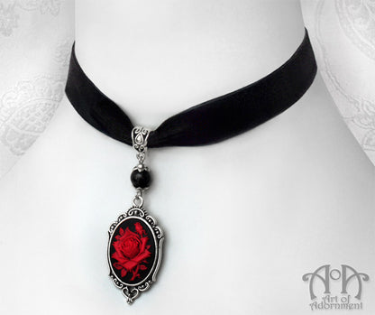 Sanguinari Rose Cameo Black Velvet Pendant Choker Necklace