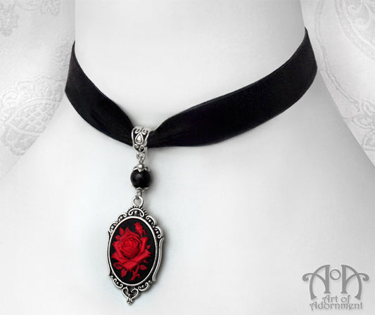 Sanguinari Rose Cameo Black Velvet Pendant Choker Necklace