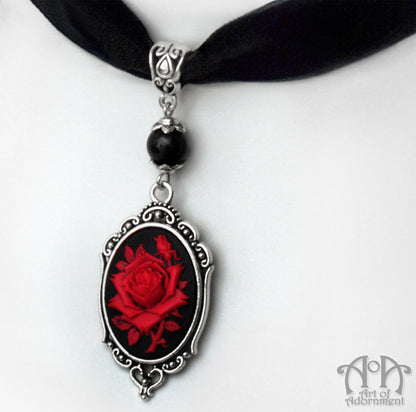 Sanguinari Rose Cameo Black Velvet Pendant Choker Necklace