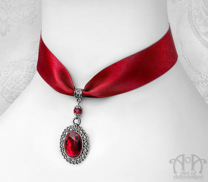 Sanguinari Crystal Pendant Red Satin Choker Necklace