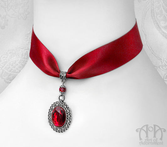 Sanguinari Crystal Pendant Red Satin Choker Necklace
