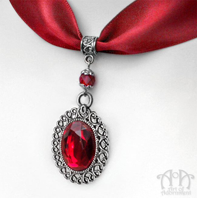 Sanguinari Crystal Pendant Red Satin Choker Necklace