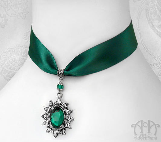 Sylvannia Floral Crystal Pendant Green Satin Choker Necklace