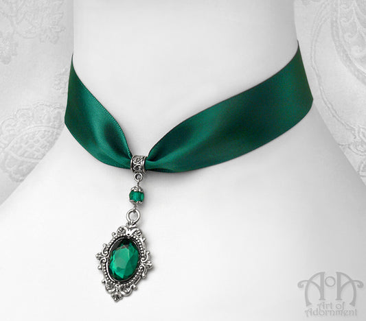 Sylvannia Crystal Pendant Green Satin Choker Necklace